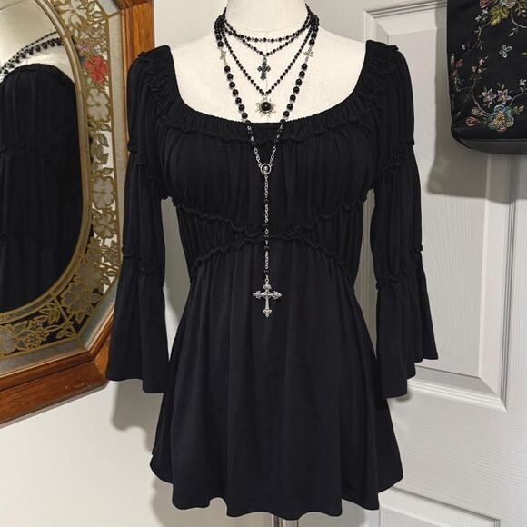 Max Studio Black Soft Knit 3/4 Mid Bell Sleeve Ruched Witchy Gothic Tunic Top S - Picture 1 of 8